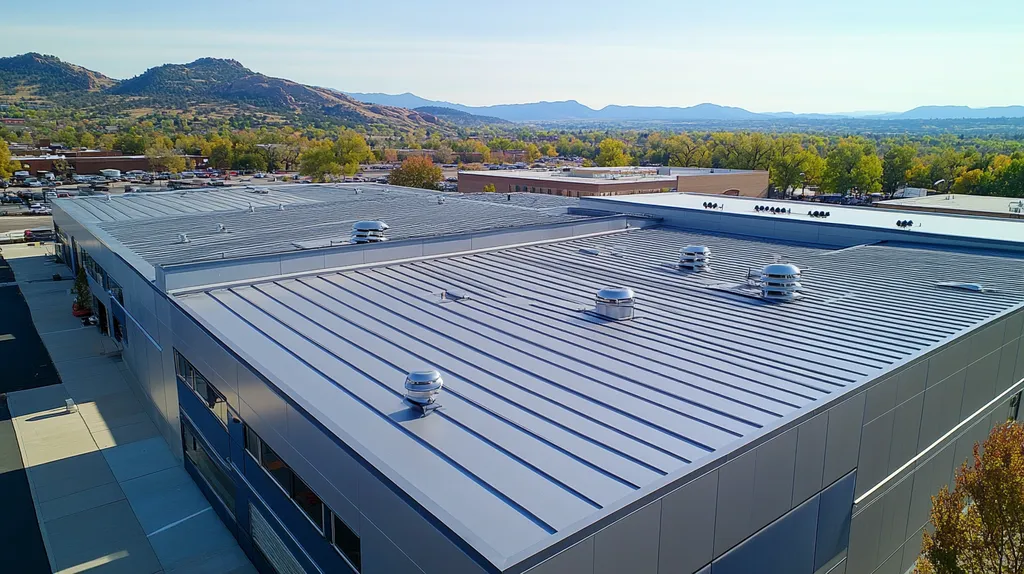 A commercial roof on a factory in a location similar to Boulder with a stainless steel aesthetic (AI image)