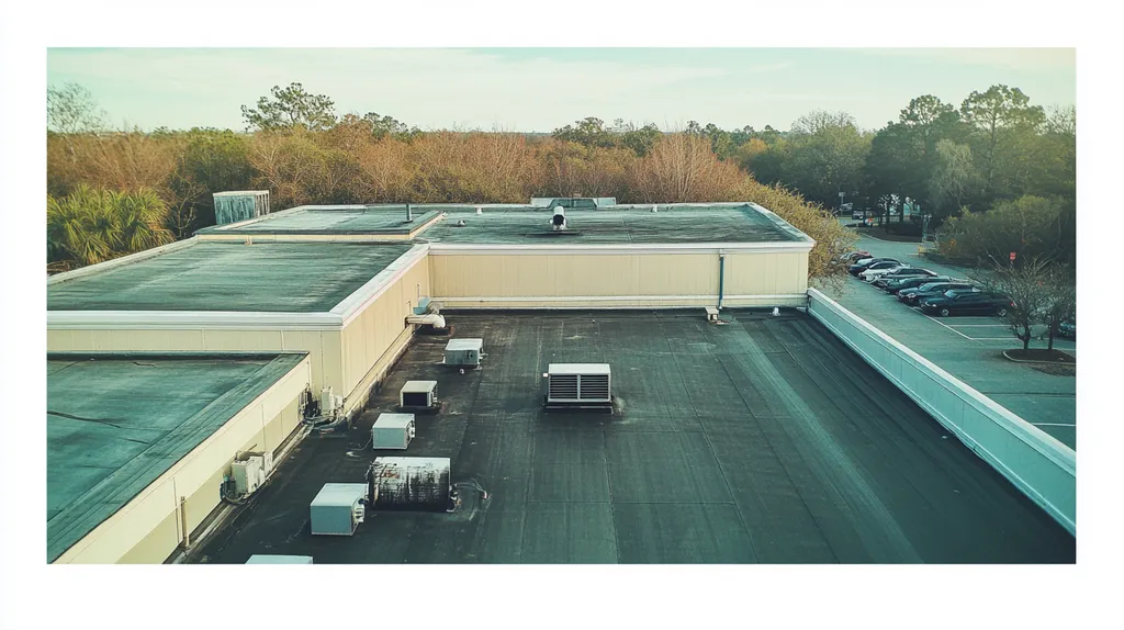A commercial roof on a factory in a location similar to Charleston with a Polaroid aesthetic (AI image)
