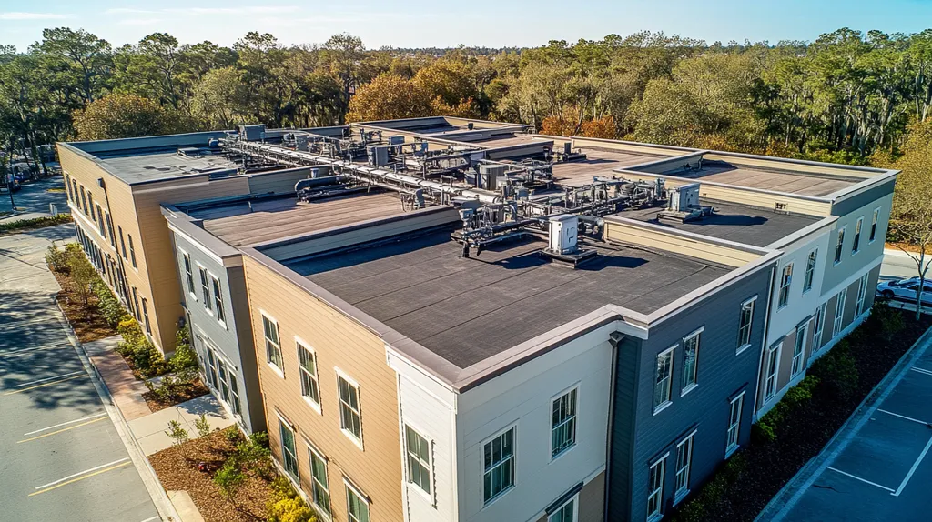 A commercial roof on a factory in a location similar to Charleston with an architectural photography aesthetic (AI image)
