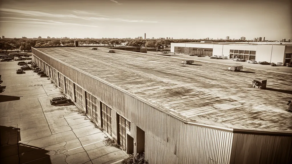 A commercial roof on a factory in a location similar to Chicago with a tintype aesthetic (AI image)