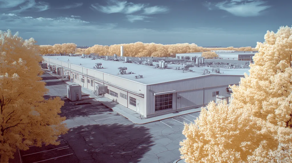 A commercial roof on a factory in a location similar to Chicago with an infrared photography aesthetic (AI image)