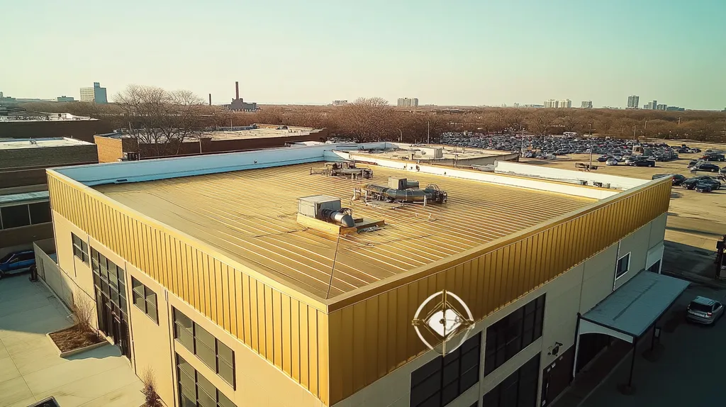 A commercial roof on a factory in a location similar to Chicago with a solid gold aesthetic (AI image)