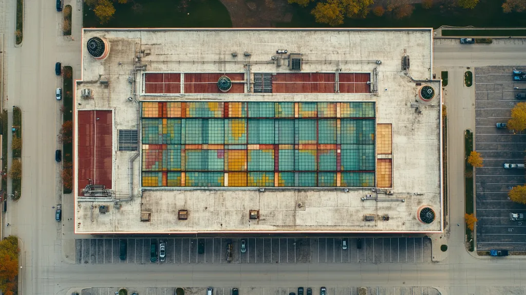 A commercial roof on a factory in a location similar to Chicago with a stained glass style aesthetic (AI image)