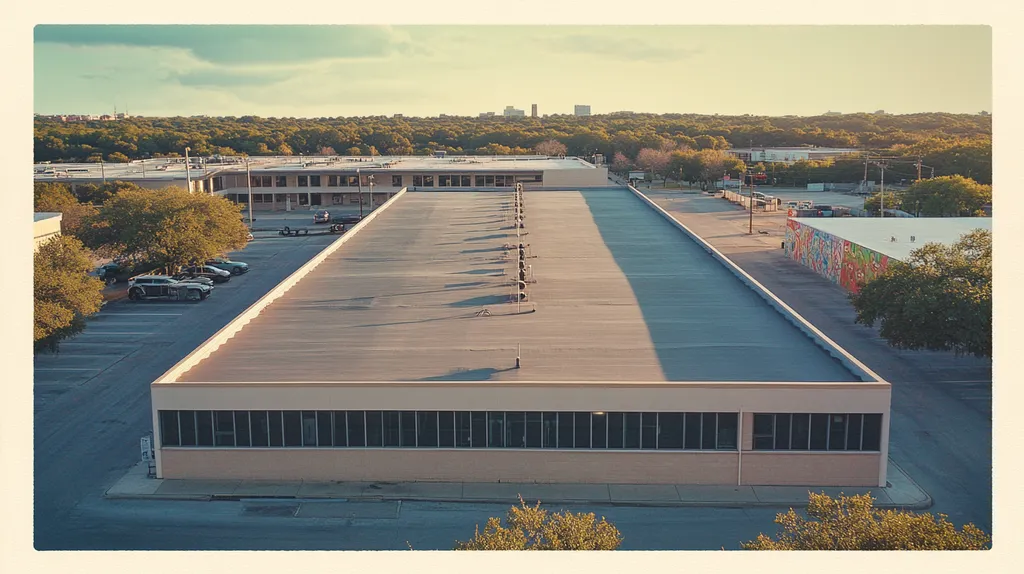 A commercial roof on a fitness gym in a location similar to Austin with a Polaroid aesthetic (AI image)