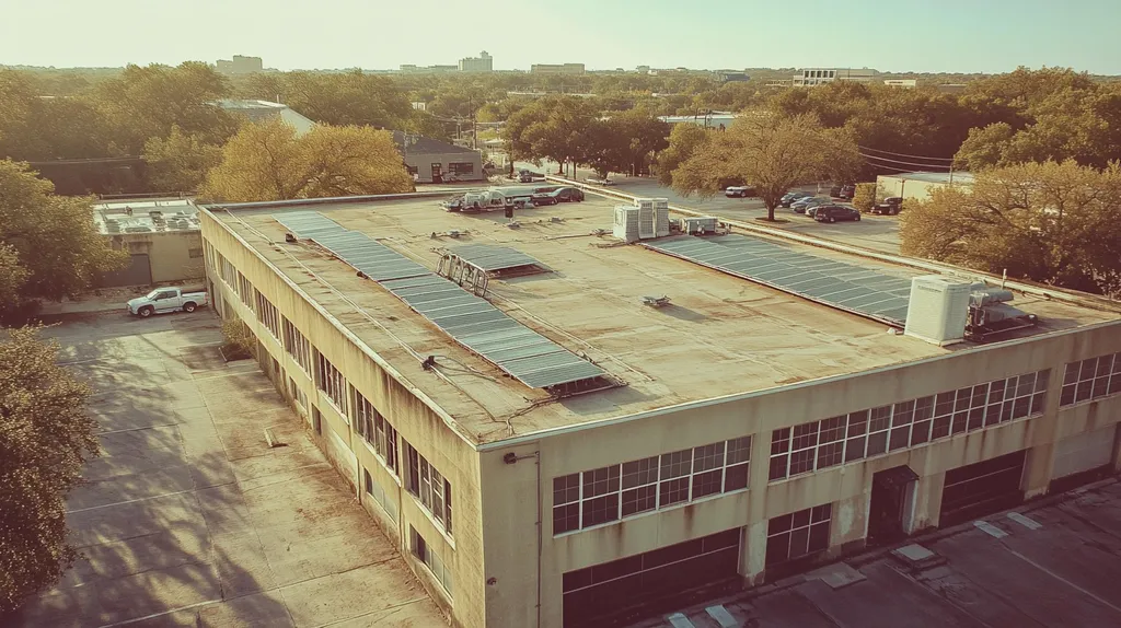 A commercial roof on a fitness gym in a location similar to Austin with a Polaroid aesthetic (AI image)