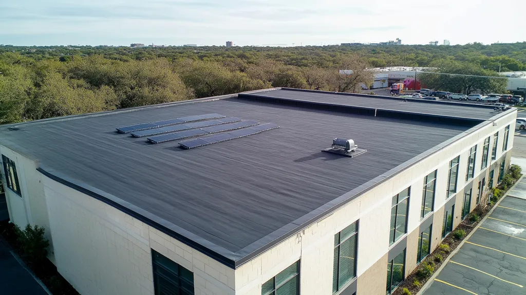 A commercial roof on a fitness gym in a location similar to Austin with a color highlight aesthetic (AI image)