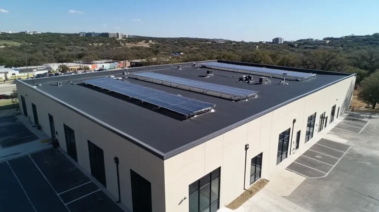 A commercial roof on a fitness gym in a location similar to Austin with a color highlight aesthetic (AI image)