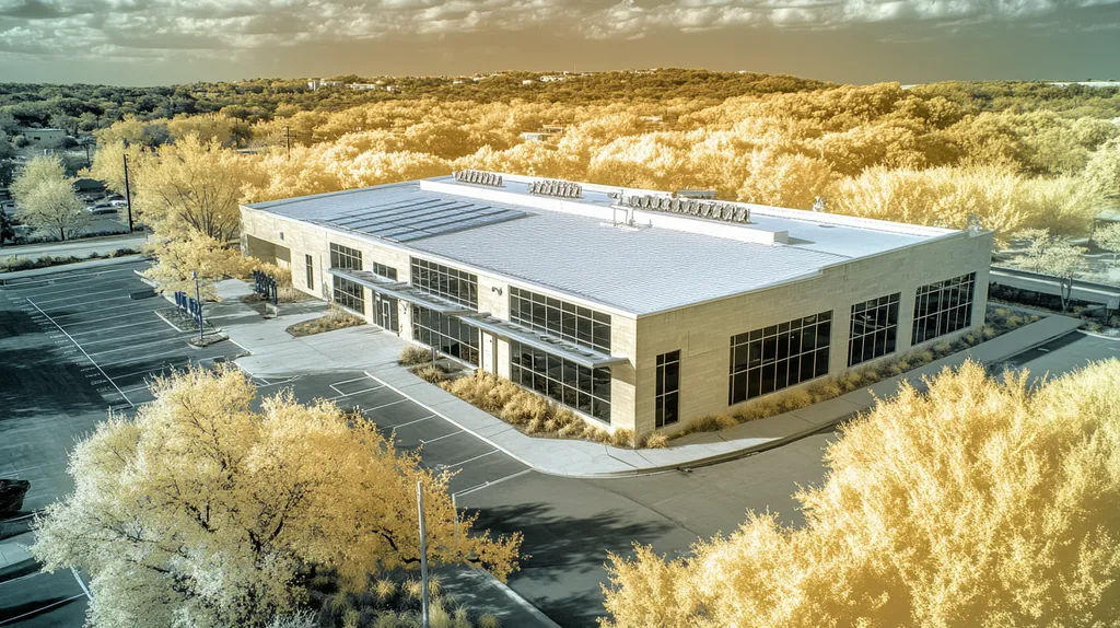 A commercial roof on a fitness gym in a location similar to Austin with an infrared photography aesthetic (AI image)