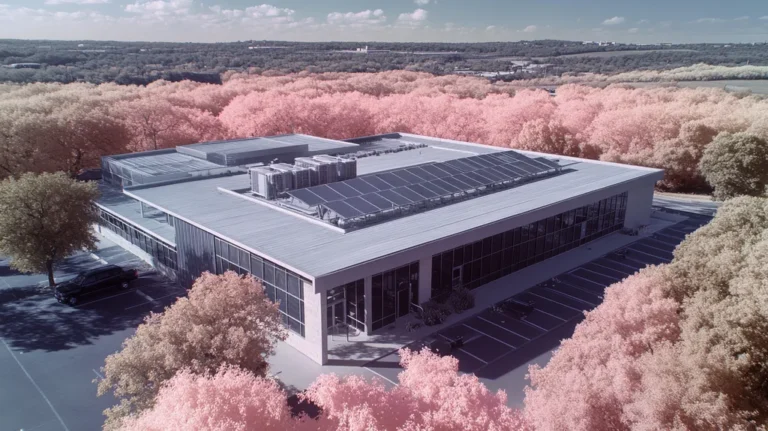A commercial roof on a fitness gym in a location similar to Austin with an infrared photography aesthetic (AI image)