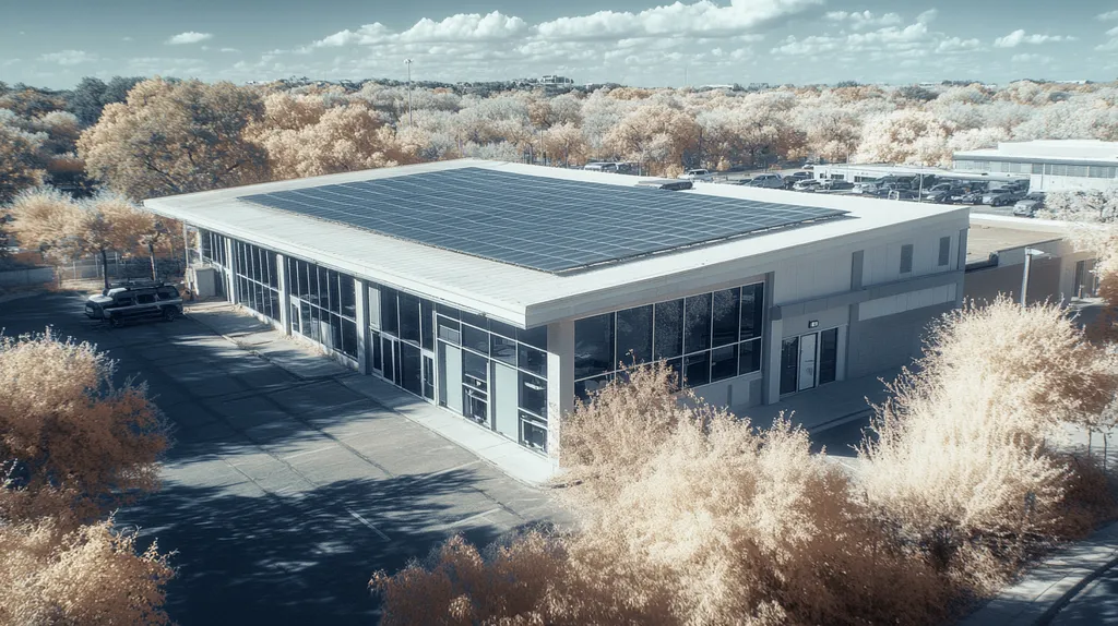 A commercial roof on a fitness gym in a location similar to Austin with an infrared photography aesthetic (AI image)