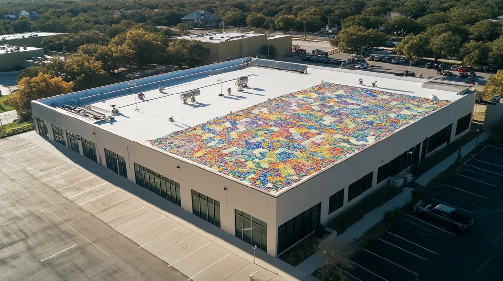 A commercial roof on a fitness gym in a location similar to Austin with a mosaic tile art aesthetic (AI image)