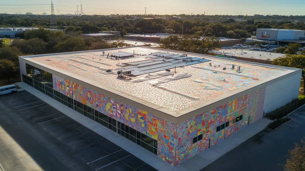 A commercial roof on a fitness gym in a location similar to Austin with a mosaic tile art aesthetic (AI image)