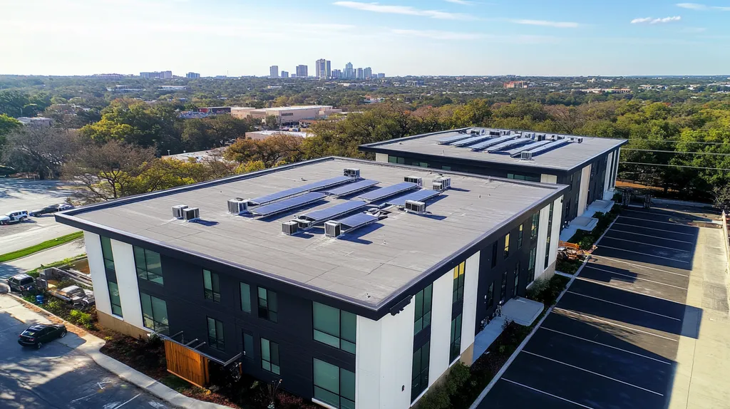 A commercial roof on a fitness gym in a location similar to Austin with an urban context aesthetic (AI image)