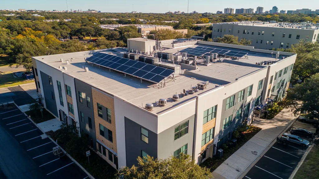 A commercial roof on a fitness gym in a location similar to Austin with an urban context aesthetic (AI image)