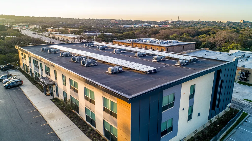 A commercial roof on a fitness gym in a location similar to Austin with an urban context aesthetic (AI image)