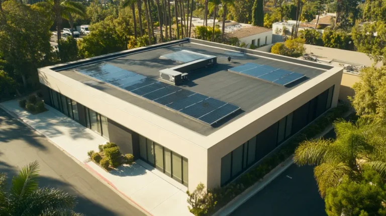 A commercial roof on a fitness gym in a location similar to Beverly Hills with a color highlight aesthetic (AI image)