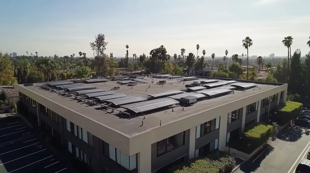 A commercial roof on a fitness gym in a location similar to Beverly Hills with a color highlight aesthetic (AI image)