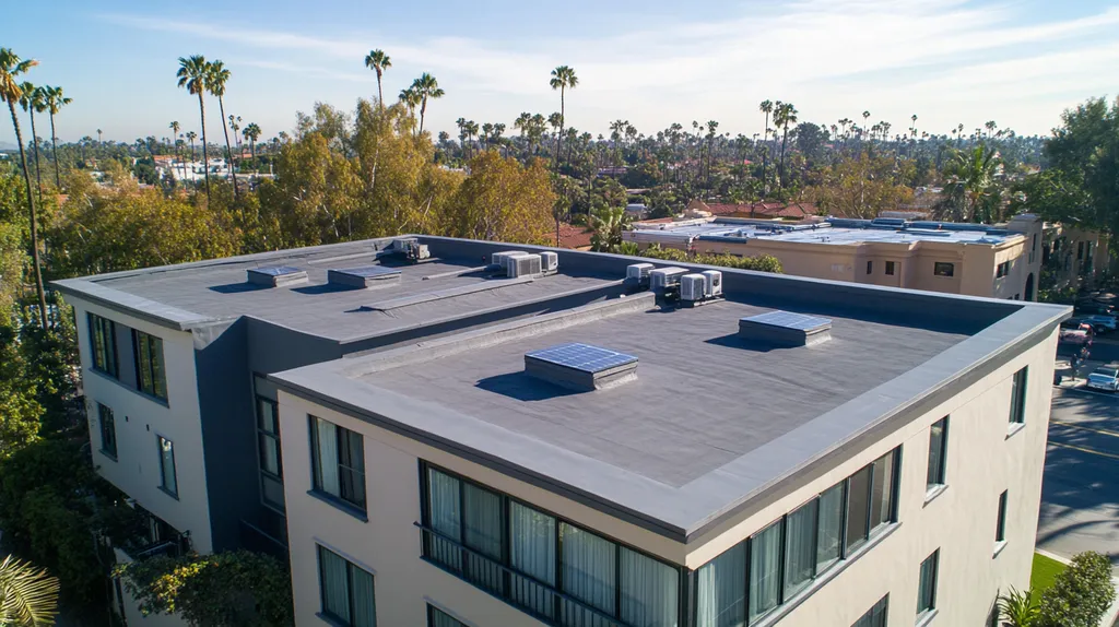 A commercial roof on a fitness gym in a location similar to Beverly Hills with a color highlight aesthetic (AI image)
