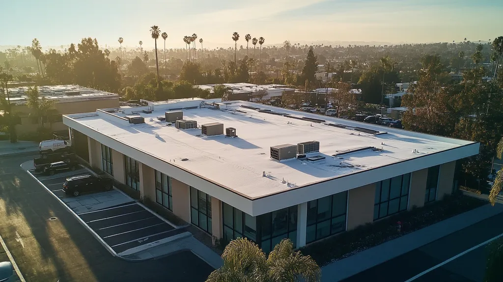 A commercial roof on a fitness gym in a location similar to Beverly Hills with a snowy day aesthetic (AI image)