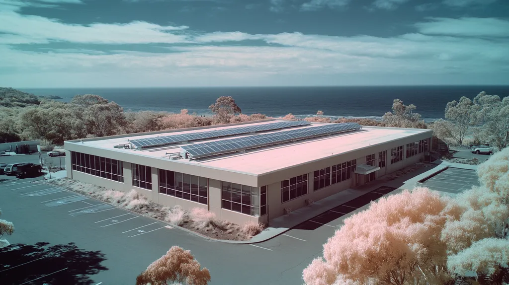 A commercial roof on a fitness gym in a location similar to Big Sur with an infrared photography aesthetic (AI image)