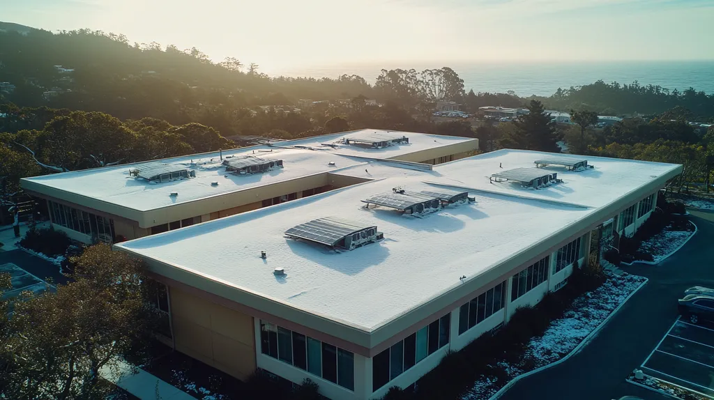 A commercial roof on a fitness gym in a location similar to Big Sur with a snowy day aesthetic (AI image)