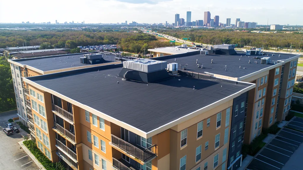 A commercial roof on high-rise apartments in a location similar to Houston with an urban context aesthetic (AI image)