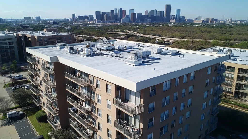 A commercial roof on high-rise apartments in a location similar to Houston with an urban context aesthetic (AI image)