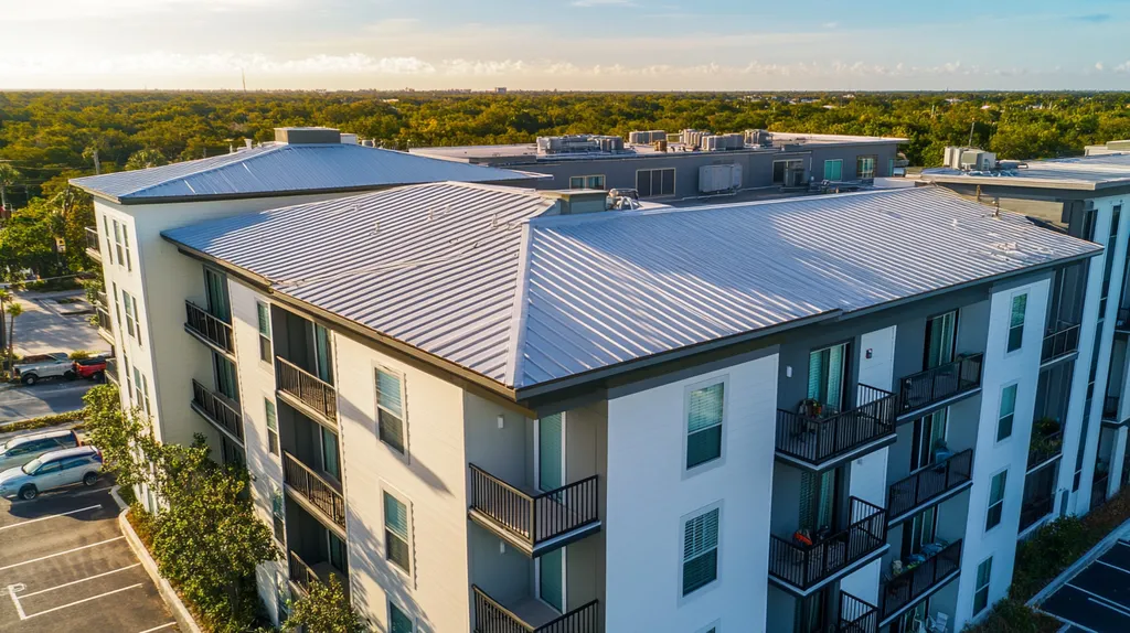 A commercial roof on high-rise apartments in a location similar to Key West with an architectural photography aesthetic (AI image)