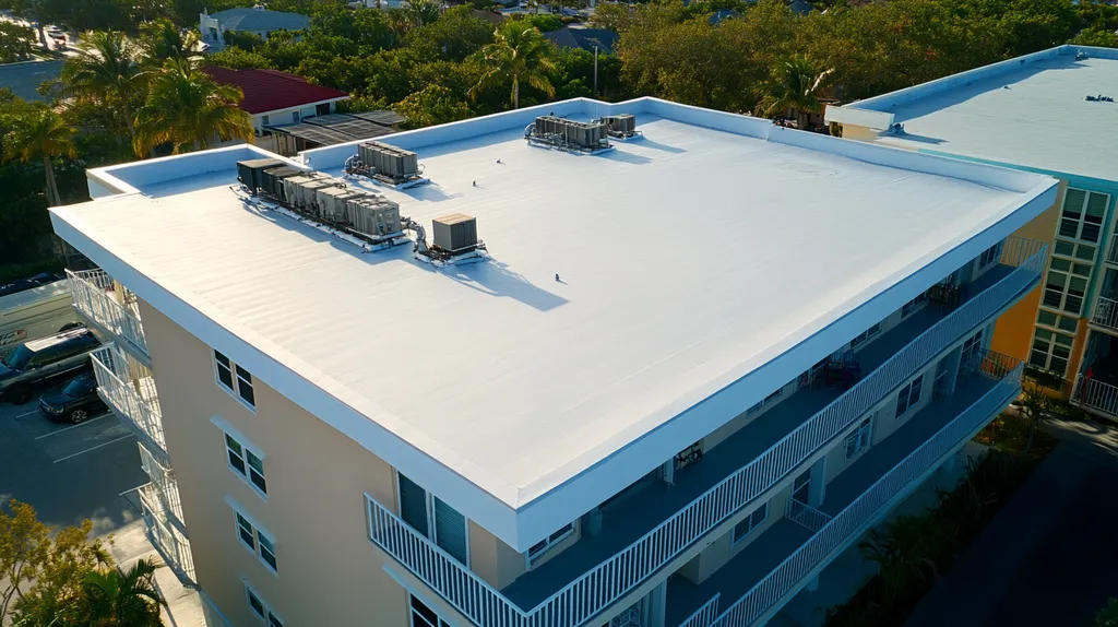 A commercial roof on high-rise apartments in a location similar to Key West with an architectural photography aesthetic (AI image)