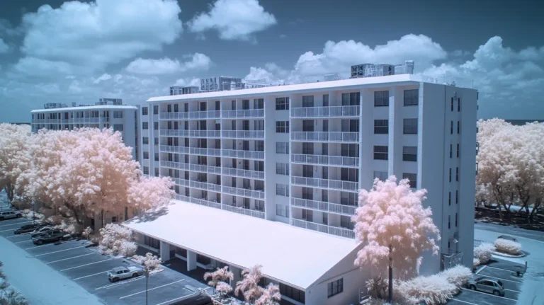 A commercial roof on high-rise apartments in a location similar to Key West with an infrared photography aesthetic (AI image)