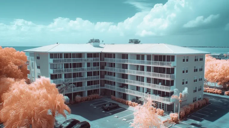 A commercial roof on high-rise apartments in a location similar to Key West with an infrared photography aesthetic (AI image)