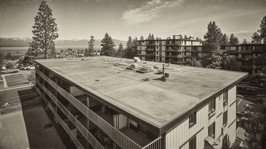 A commercial roof on high-rise apartments in a location similar to Lake Tahoe with a tintype aesthetic (AI image)