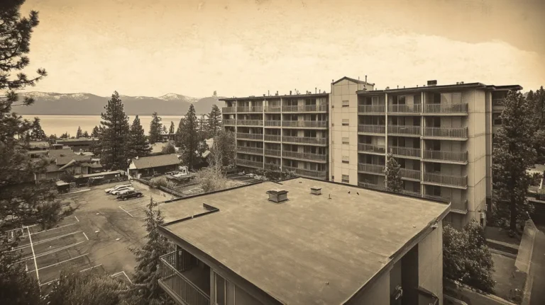 A commercial roof on high-rise apartments in a location similar to Lake Tahoe with a tintype aesthetic (AI image)