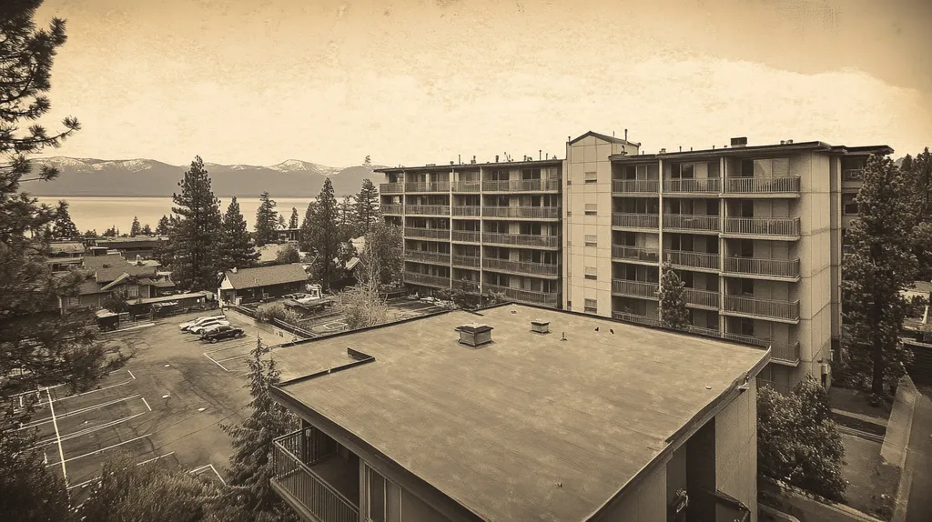 A commercial roof on high-rise apartments in a location similar to Lake Tahoe with a tintype aesthetic (AI image)