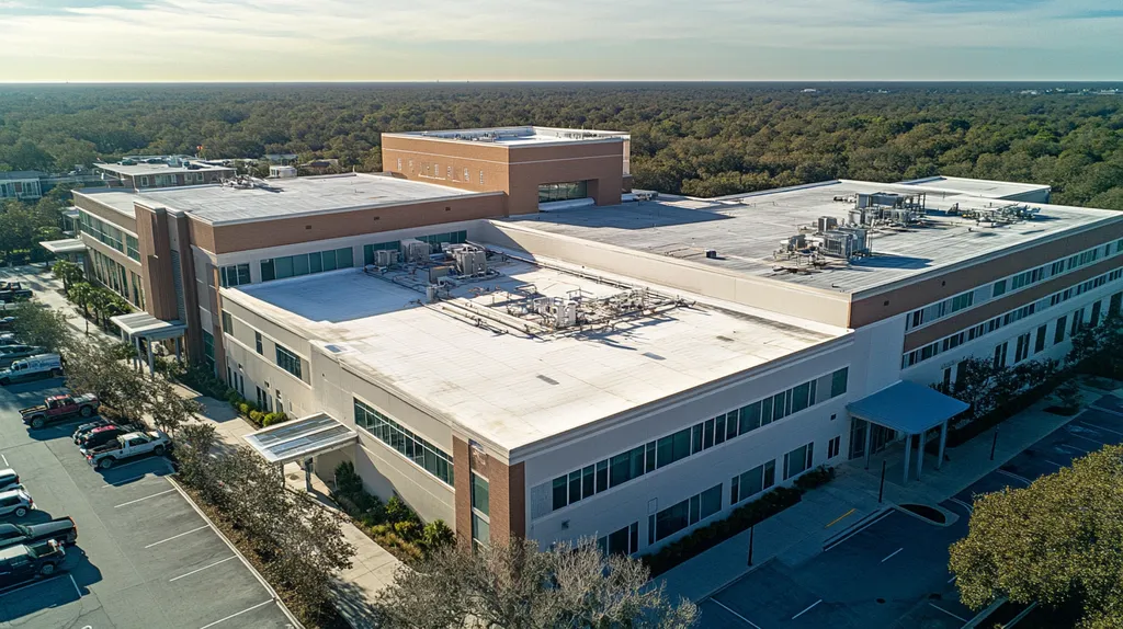 A commercial roof on a hospital in a location similar to Charleston with a color highlight aesthetic (AI image)