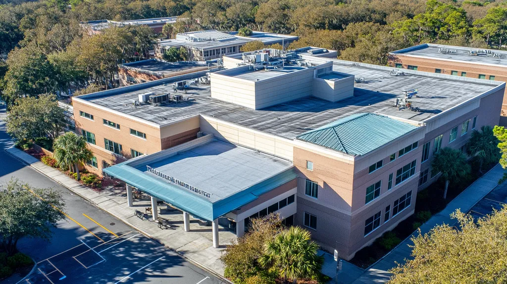 A commercial roof on a hospital in a location similar to Charleston with a cross-processed look aesthetic (AI image)