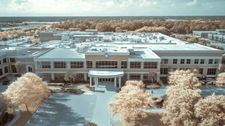 A commercial roof on a hospital in a location similar to Charleston with an infrared photography aesthetic (AI image)