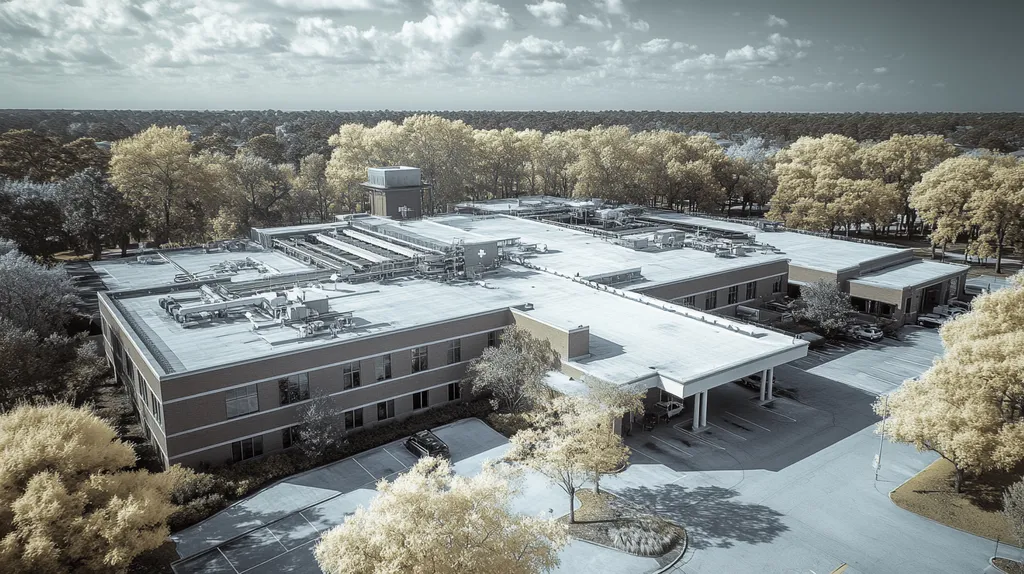 A commercial roof on a hospital in a location similar to Charleston with an infrared photography aesthetic (AI image)