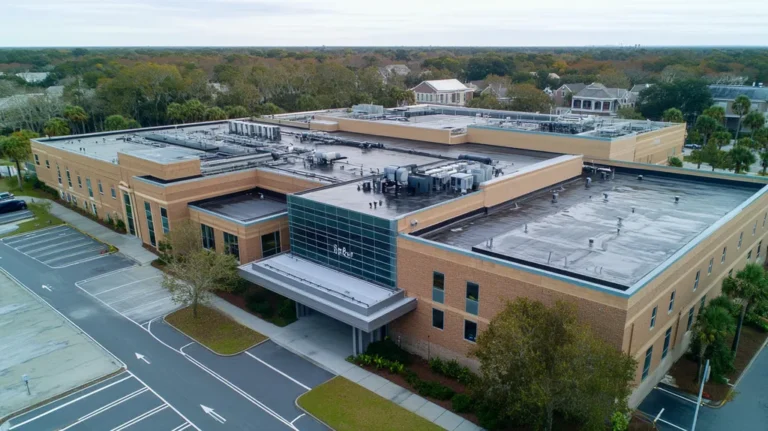 A commercial roof on a hospital in a location similar to Charleston with a rainy day aesthetic (AI image)
