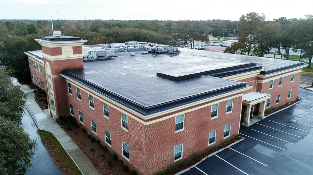 A commercial roof on a hospital in a location similar to Charleston with a rainy day aesthetic (AI image)