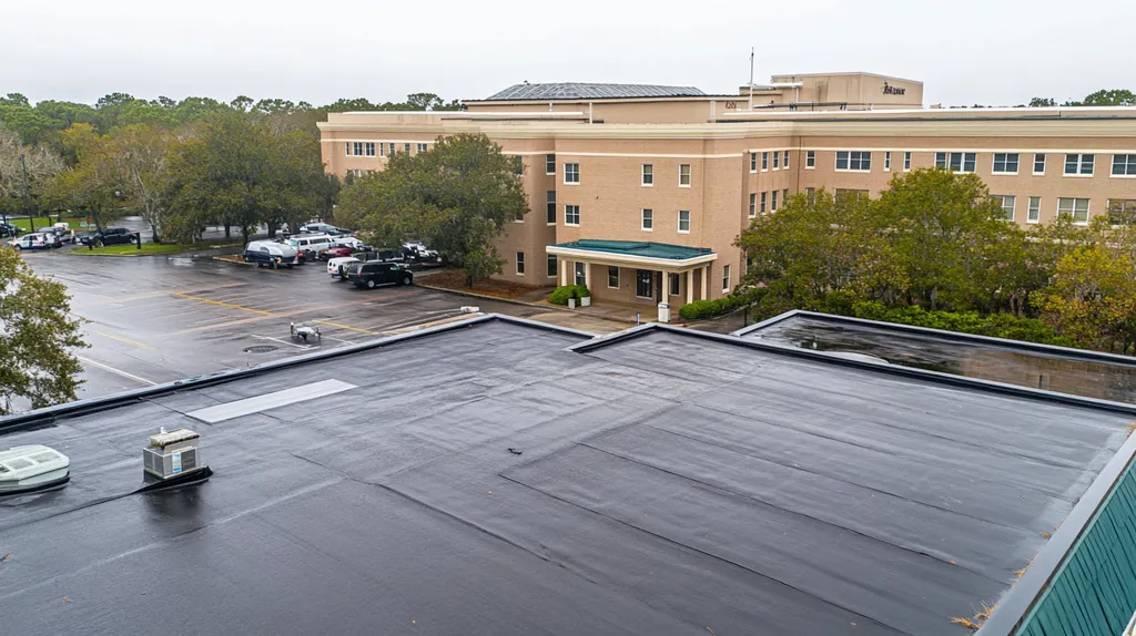 A commercial roof on a hospital in a location similar to Charleston with a rainy day aesthetic (AI image)