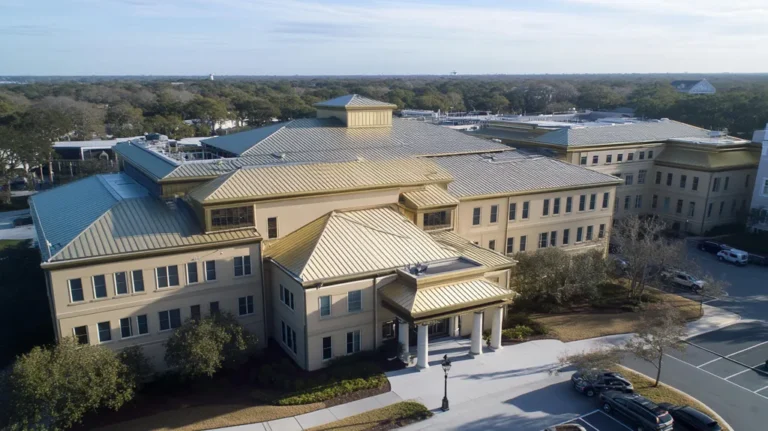 A commercial roof on a hospital in a location similar to Charleston with a solid gold aesthetic (AI image)