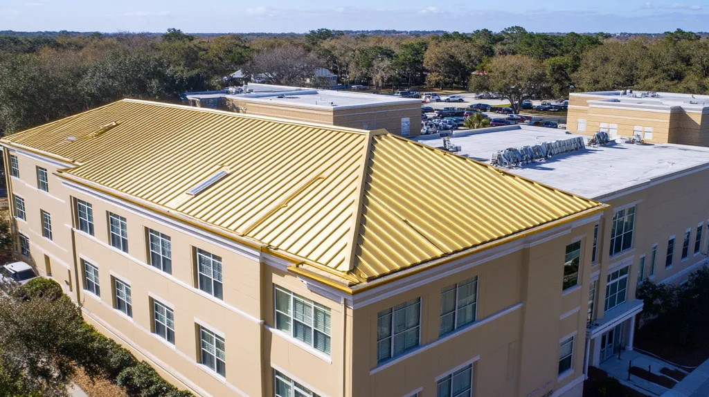A commercial roof on a hospital in a location similar to Charleston with a solid gold aesthetic (AI image)