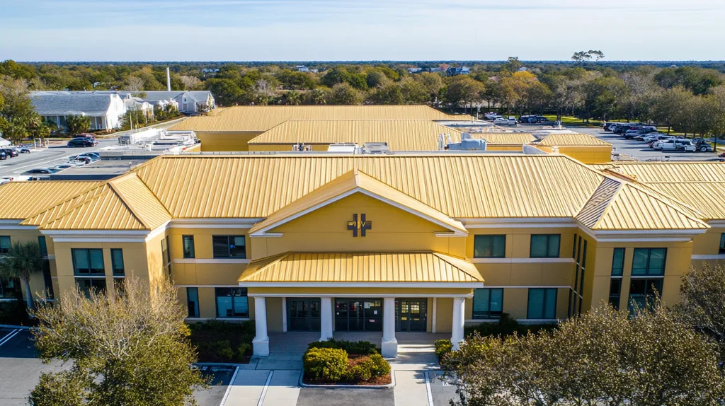 A commercial roof on a hospital in a location similar to Charleston with a solid gold aesthetic (AI image)