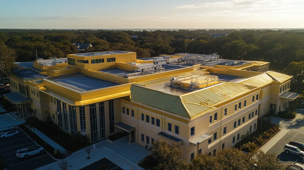 A commercial roof on a hospital in a location similar to Charleston with a solid gold aesthetic (AI image)