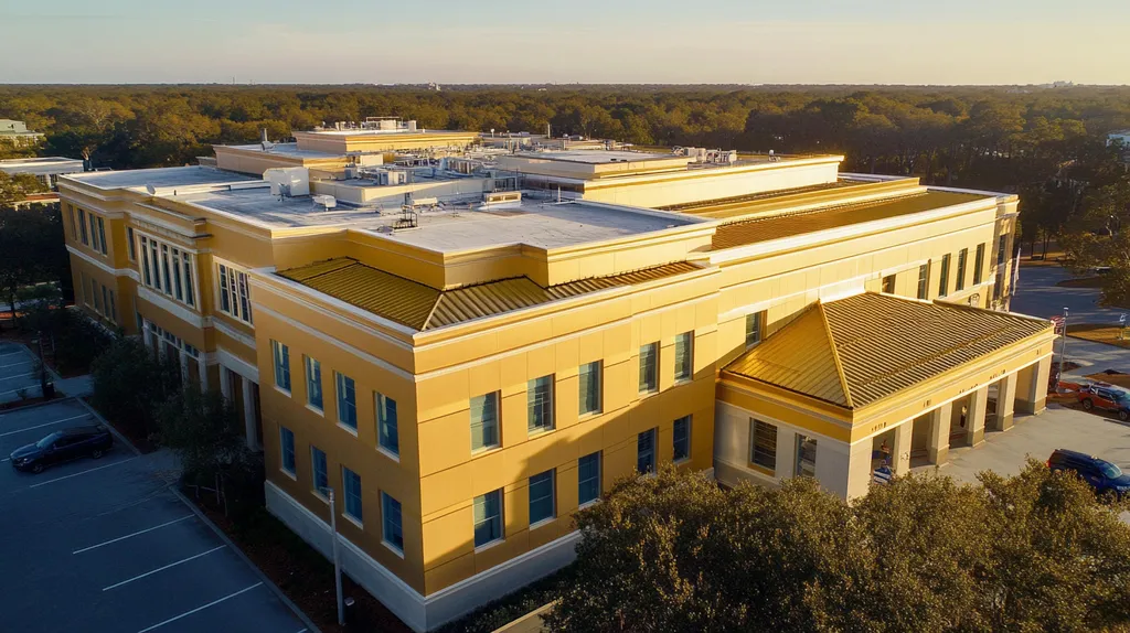 A commercial roof on a hospital in a location similar to Charleston with a solid gold aesthetic (AI image)