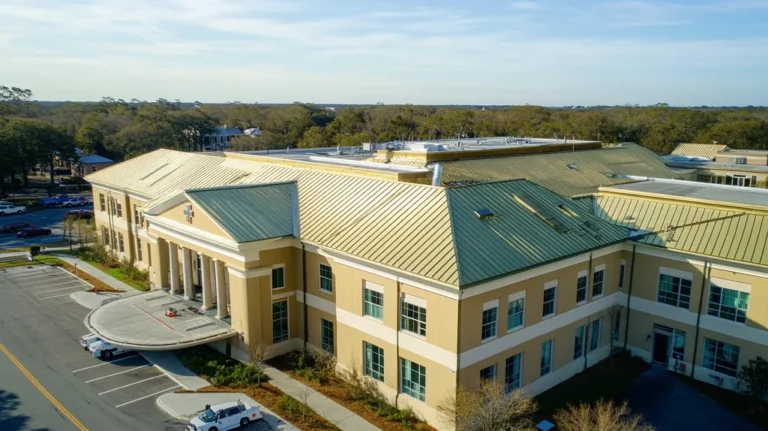 A commercial roof on a hospital in a location similar to Charleston with a solid gold aesthetic (AI image)