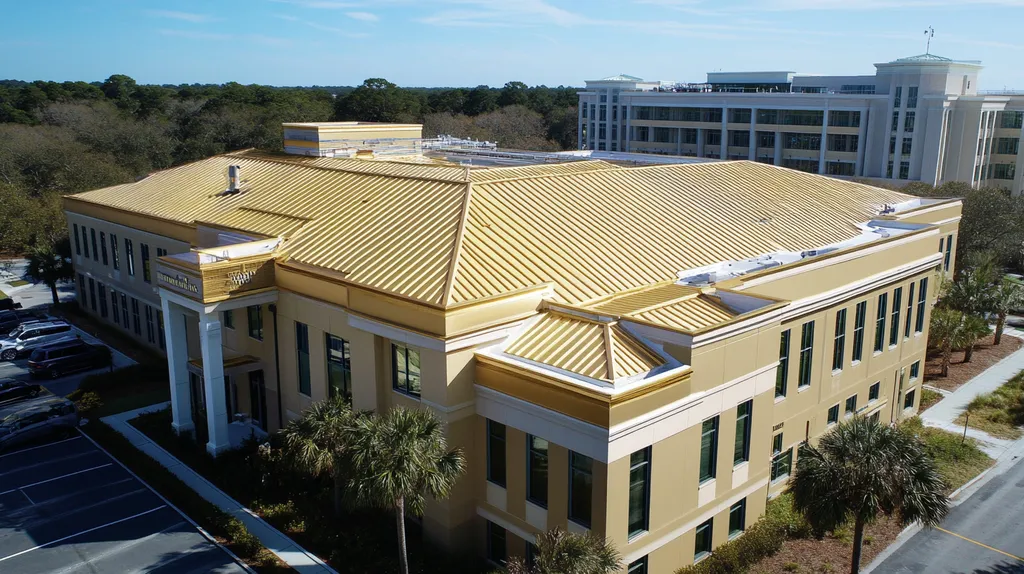 A commercial roof on a hospital in a location similar to Charleston with a solid gold aesthetic (AI image)
