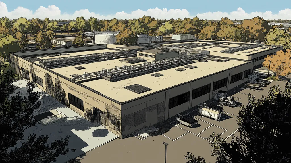 A commercial roof on a manufacturing plant in a location similar to Charleston with a comic book style aesthetic (AI image)