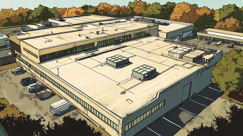 A commercial roof on a manufacturing plant in a location similar to Charleston with a comic book style aesthetic (AI image)